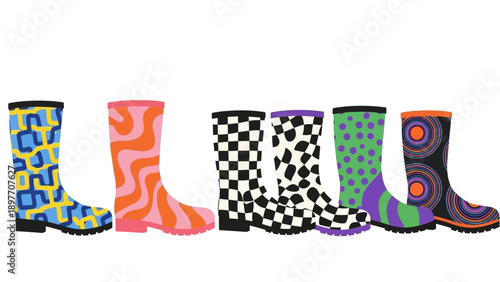 Colorful Retro Rain Boots Collection, Funky Patterns, Outdoor Footwear