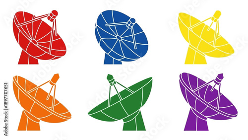 Colorful Satellite Dishes Arrayed Against White Background