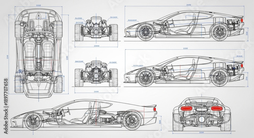 Detailed Automotive Blueprint Schematics of a Sports Car.
