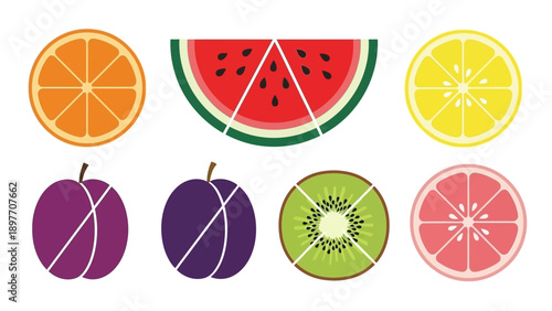 Colorful Sliced Fruits Collection: Orange, Watermelon, Lemon, Plum, Kiwi, Grapefruit
