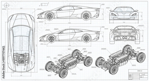 Detailed Automotive Blueprint Schematics of a Sports Car.
