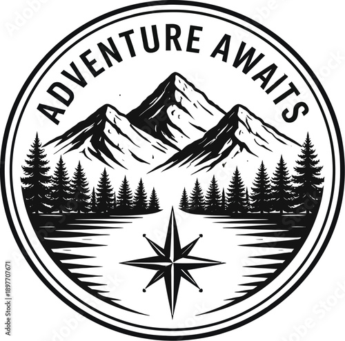 Adventure Awaits Mountains Pines Compass Badge Illustration