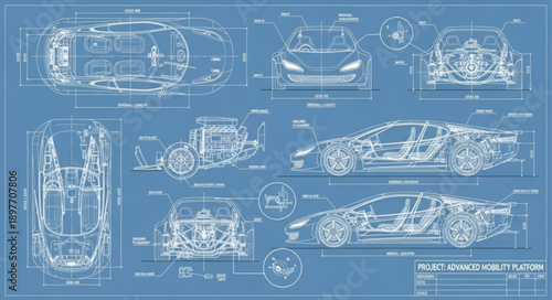 Detailed Automotive Blueprint Schematics Showing Car Design and Engineering.