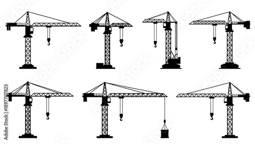 Construction Cranes Silhouette Collection: Diverse Tower Crane Designs for Industry and Building