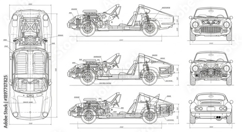 Detailed Automotive Blueprint Schematics Showing Car Design and Engineering.