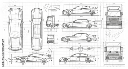 Detailed Automotive Blueprint Schematics Showing Multiple Vehicle Views.