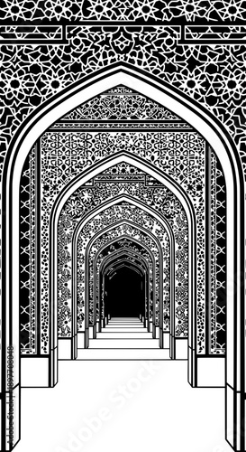 Perspective view through multiple Islamic arches with geometric patterns and intricate designs in vector format