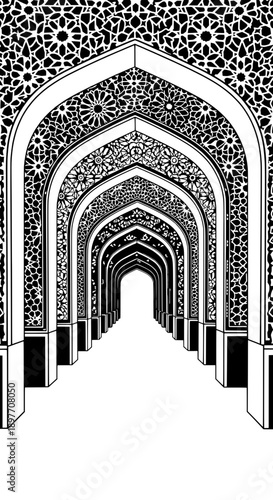 Perspective view through multiple Islamic archways featuring geometric patterns and tiles
