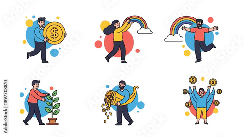 Diverse people celebrating financial success, growth, and good fortune with symbols of wealth and happiness.