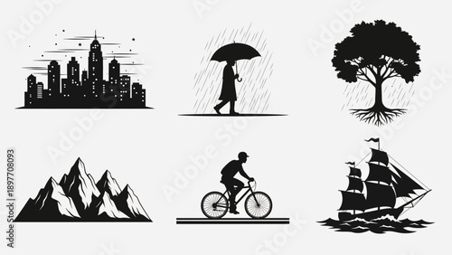 Diverse Silhouette Icons: Cityscape, Rain, Tree, Mountains, Cycling, Sailing Ship
