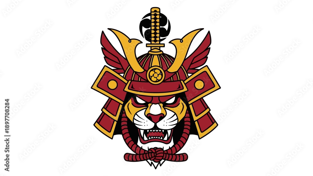 Fototapeta premium Fierce Tiger Samurai Warrior Helmet Emblem, Japanese Warrior Spirit, Ferocious Animal Mascot