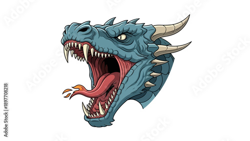 Fierce Blue Dragon Head Roaring with Fire Breath, Mythical Creature Illustration
