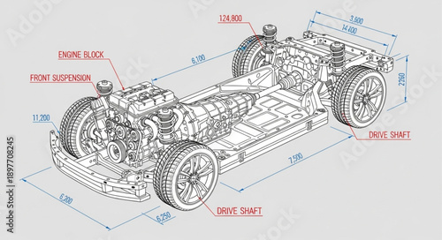 Detailed Automotive Chassis Blueprint Diagram.