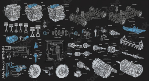 Detailed Automotive Engine Components Blueprint Diagram.