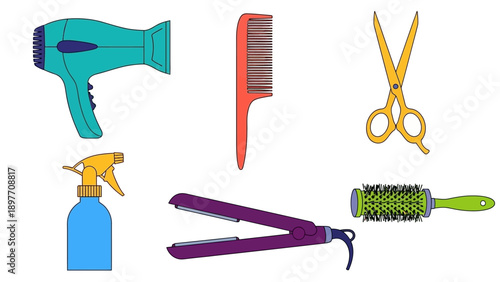 Hairdressing Tools Set: Dryer, Comb, Scissors, Sprayer, Straightener, Brush