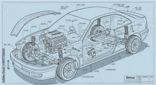 Detailed Automotive Engineering Blueprint Diagram of a Car.