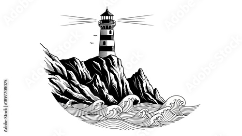 Lighthouse on Rocky Coastline with Crashing Waves, Nautical Navigation Beacon