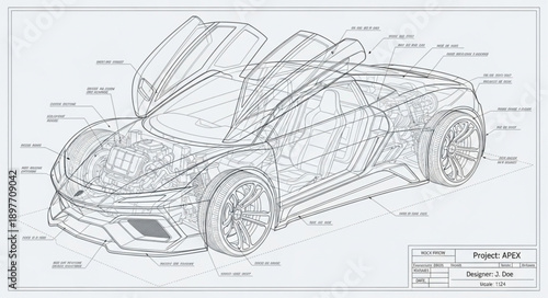 Detailed Automotive Engineering Blueprint Diagram of a Sports Car.