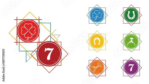 Lucky Symbols Collection: Four Leaf Clover, Horseshoe, Lucky 7, and Dice Icons