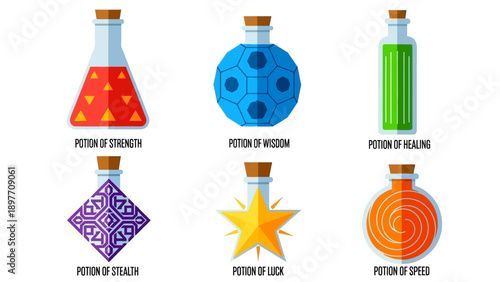 Magical Potions Set: Strength, Wisdom, Healing, Stealth, Luck, Speed