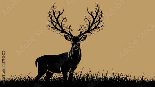 Majestic Stag Silhouette with Ornate Antlers on Textured Background