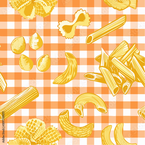 Italian yellow gingham seamless pattern with pasta. Hand drawn outline penne and macaroni. 