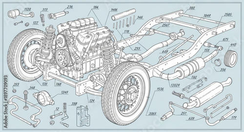 Detailed Automotive Engineering Blueprint Diagram of a Vehicle Chassis and Engine.