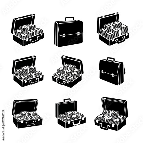 Money Briefcase Icons: Wealth, Finance, Business Success, Investment, Cash Stacks