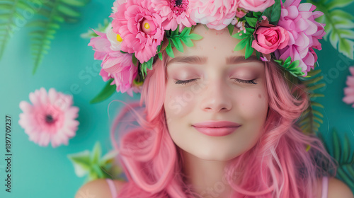 A woman with pink hair and a flowery headband is resting her head on her hand