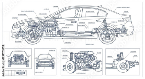 Detailed Automotive Engineering Blueprint of a Car.