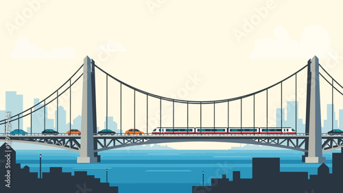 Pixel Art Cityscape with Train and Cars Crossing a Suspension Bridge Over Water