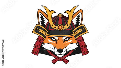 Samurai Fox Warrior Mask Icon, Fierce Animal Spirit in Traditional Japanese Armor