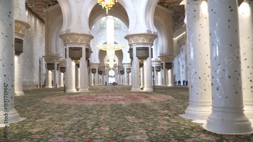 Panning video showcases an interior of the Sheikh Zayed Grand Mosque in Abu Dhabi, UAE.