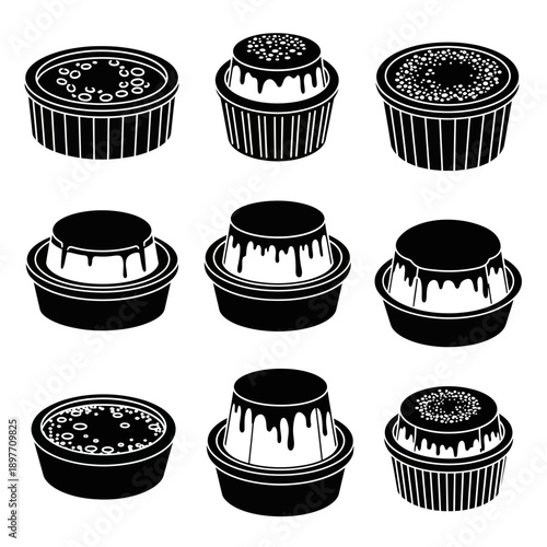 Set of Black and White Icons: Desserts, Puddings, and Custards in Various Containers