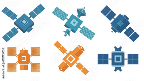 Set of Flat Design Satellites Icons, Space Technology and Communication
