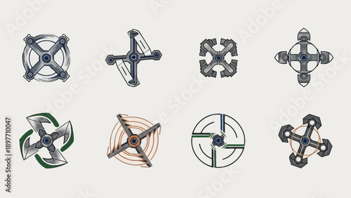 Set of futuristic drone propellers, top view, isolated on light background