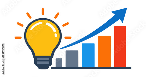 Flat design graphic illustration of a light bulb and bar graph depicting innovation and financial growth for business success