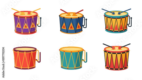 Set of Six Colorful Drums with Drumsticks, Festive Percussion Instruments