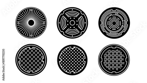 Set of Six Circular Manhole Cover Designs, Industrial Street Elements