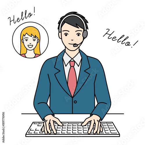 School boy taking online english lesson with headset and laptop