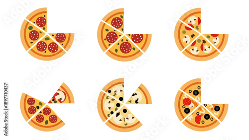Six Sliced Pizzas, Various Toppings, Showing Fractions and Portions