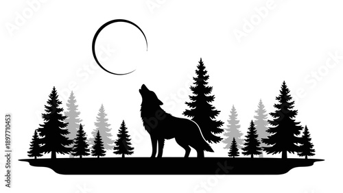 Silhouette of a wolf howling at the moon in a pine forest at night