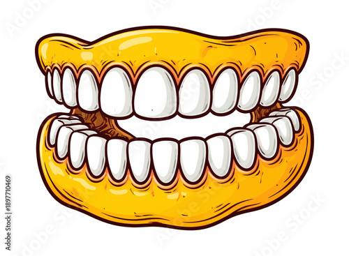 Cartoon illustration of dentures depicting healthy white teeth for dental care and humor