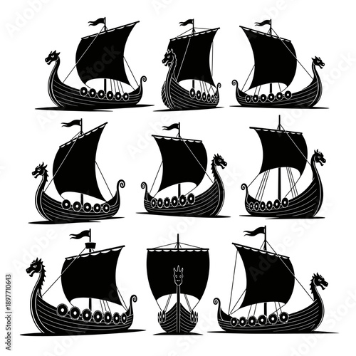 Viking Longship Fleet Silhouette: Nordic Ships in Various Angles