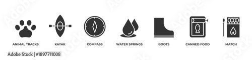 Wilderness Journey Icons set vector illustration glyph with Animal tracks, Kayak, Compass, Water springs, Boots, Canned food, Match