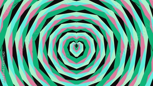 Abstract Kaleidoscopic Heart Pattern: Geometric concentric shapes in green, pink, and black creating a hypnotic visual.