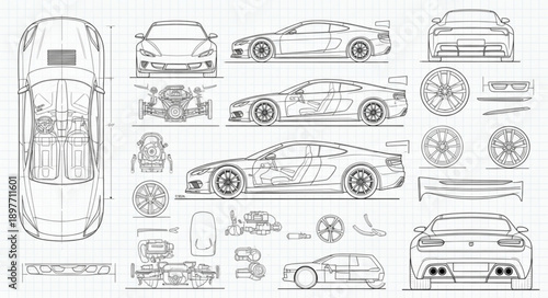 Detailed Blueprint of a Sports Car Design.