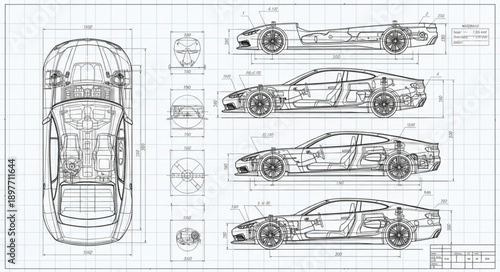 Detailed Blueprint of a Sports Car Design.