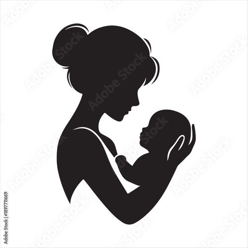 Mother holding baby vector silhouette outline logo design concept illustration