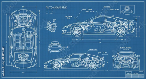 Detailed Blueprint of a Sports Car Design.